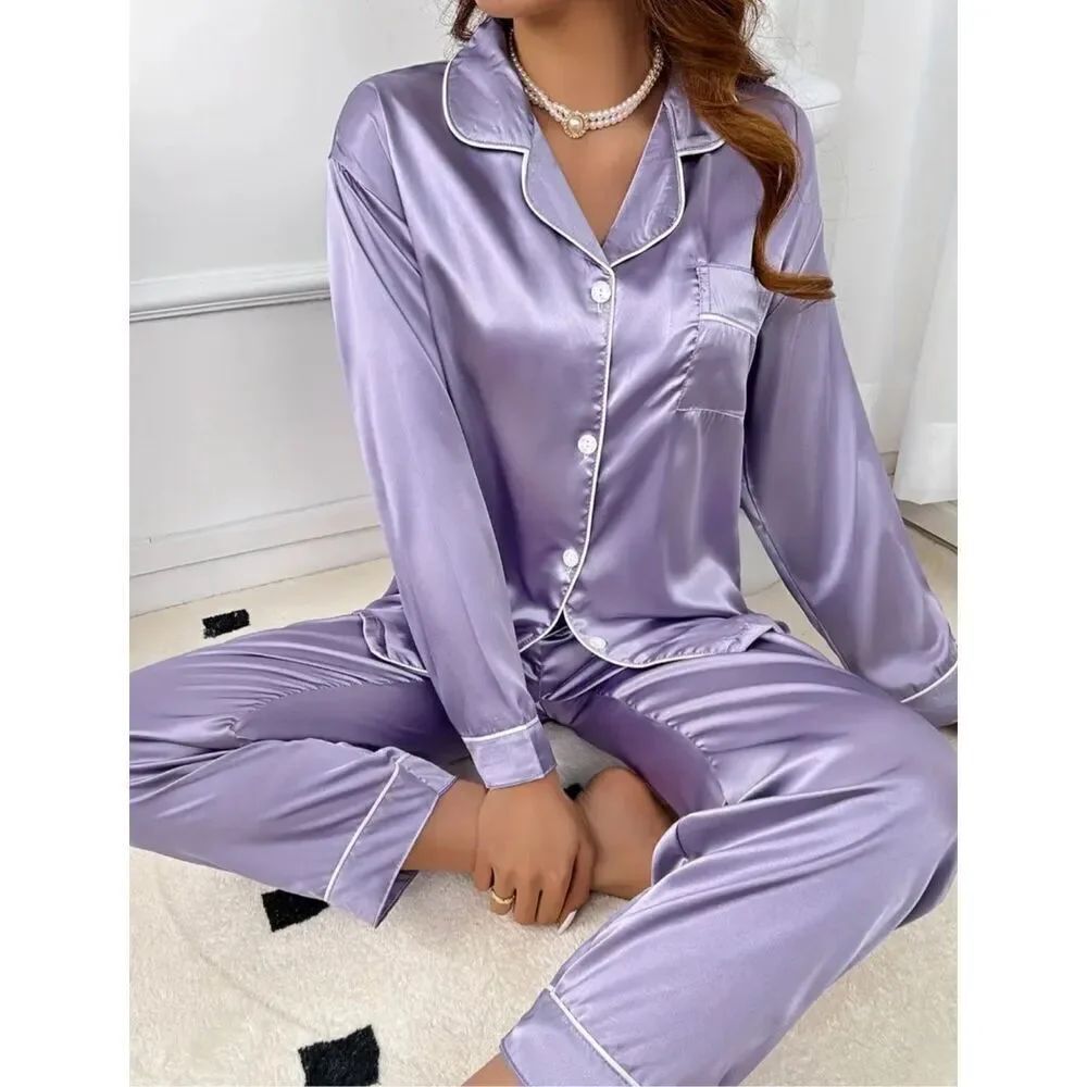 NWT 2 Pc Lilac Satin XXL Collar Button Long Sleeve Pants & Top Pajama Set 2XL